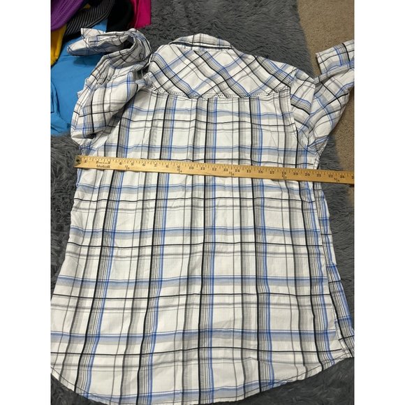 LARGE Buckle BKE Athletic Fit Pearl Snap Button Shirt Long Sleeve White Blue Pla - Picture 7 of 7